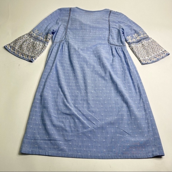 Rungolee Boho Blue Chambray Cottagecore Embroidered Bell Sleeve Tassel Dress - Picture 4 of 17
